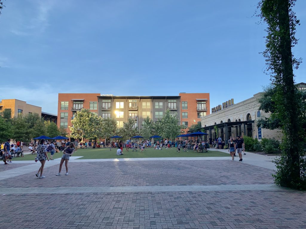 The lawn with water feature at Pearl San Antonio