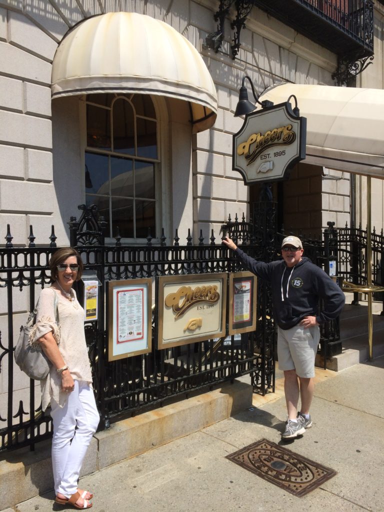 Standing outside of the Cheers Bar in Boston on day trip from NYC via Amtrack