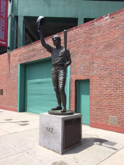 Hall of Famer Carl Yastrzemski statue at Fenway Park Boston on day trip from NYC via Amtrack