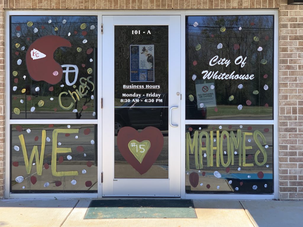 City of Whitehouse painted window Mahomes hometown proud
