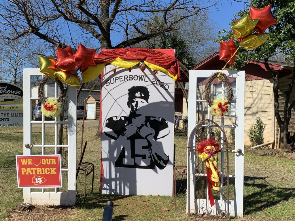 KC Chiefs Patrick Mahomes #15 photo prop set-up at hometown flower shop, Whitehouse Flowers