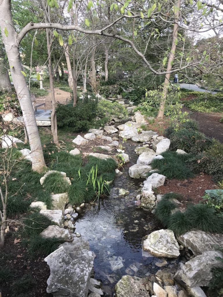 W\waterfall and creak at Dallas Arboretum and Botanical Garden.