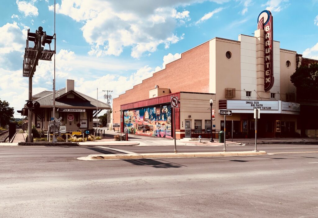 Theater with mural by train depot New Braunfels