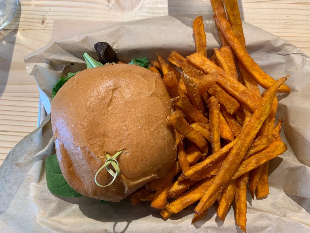 Burger and sweet potato fries at Revival Eastside Eatery in Waco, TX