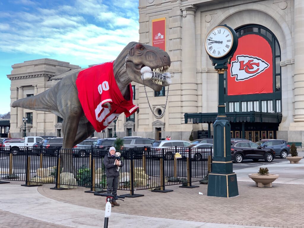 Huge T-Rex in Chiefs Jersey outside of Union Station KC