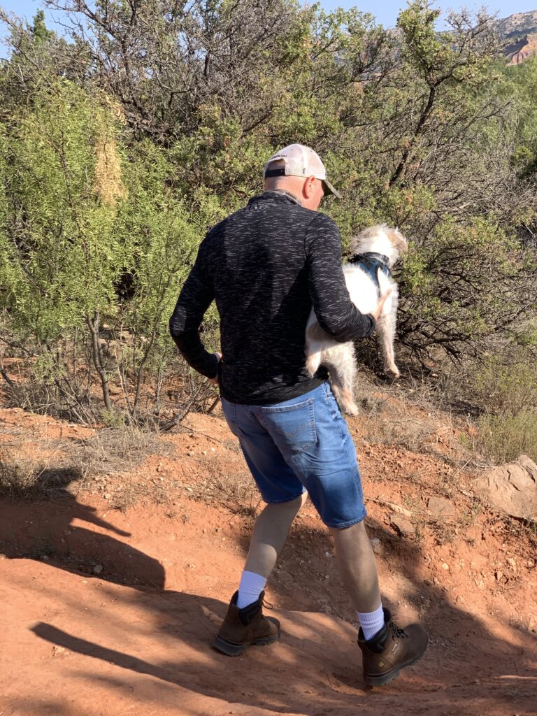 Bud carrying Trit on a hike at Palo Duro SP