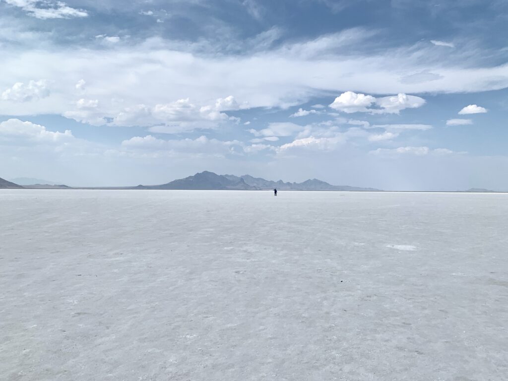 Bonneville Salt Flats in Utah is a vast sea of flat white landscape