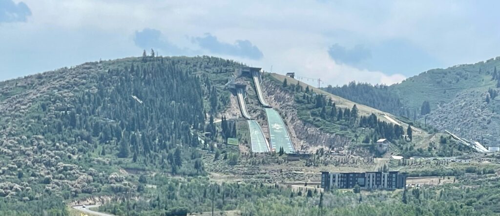 Utah Olympic Park ski jumps viewed from High West Distillery