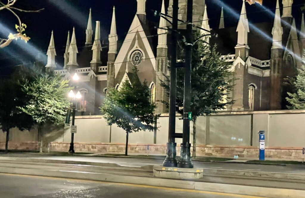 Running by Temple Square at night