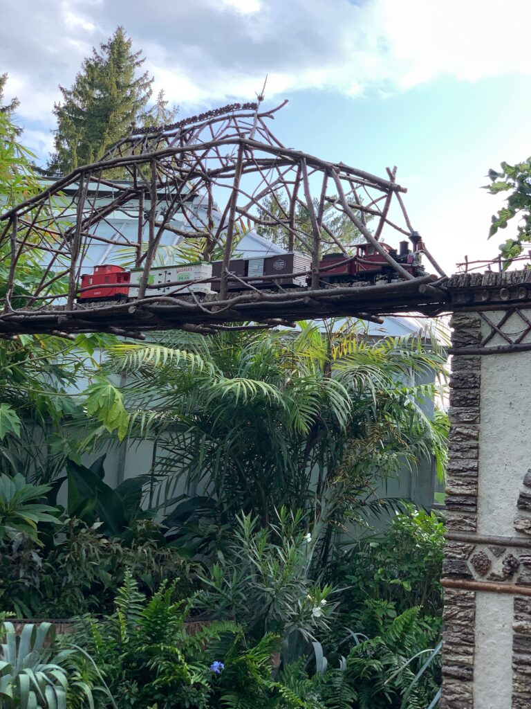 Train on track above at Conservatory Biltmore