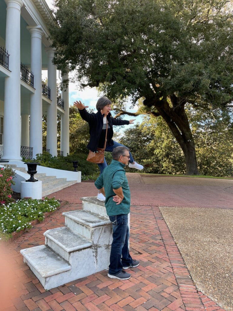 Balancing act on carriage steps at Dunleith Historic Inn Natchez