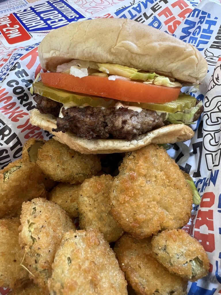 Hamburgers and fried pickles among many menu options at Boom-a-rang Diner in Eufaula Oklahoma
