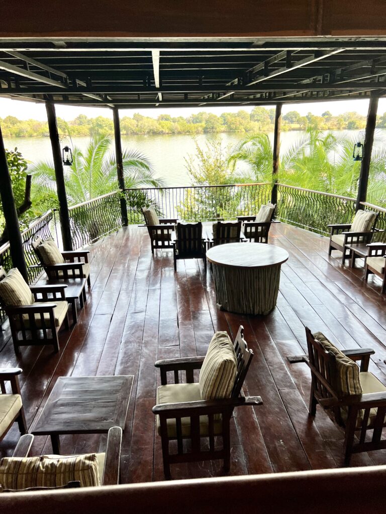 Kafue River view from tropical inside of open airy Mukambi Safari Lodge